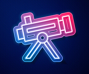 Glowing neon line Telescope icon isolated on blue background. Scientific tool. Education and astronomy element, spyglass and study stars. Vector