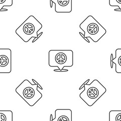 Grey line Location peace icon isolated seamless pattern on white background. Hippie symbol of peace. Vector