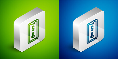 Isometric line Mobile stock trading concept icon isolated on green and blue background. Online trading, stock market analysis, business and investment. Silver square button. Vector