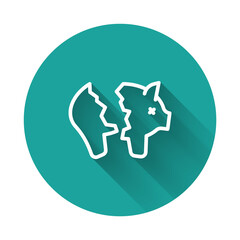 White line Broken piggy bank icon isolated with long shadow background. Icon saving or accumulation of money, investment. Green circle button. Vector