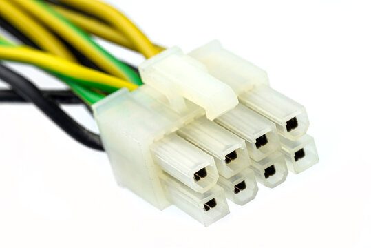 A 8 pin female plug for powering a graphic cards and server connector coming from a computer power supply, isolated on a white background.