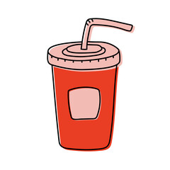 Cup of soda drink. Fast food sketch. Cartoon color illustration. Vector hand drawn icon for restaurant menu