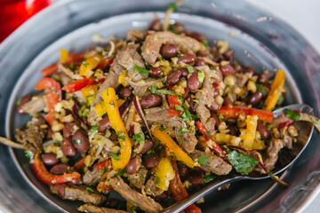 Beans and meat salad. Stewed beans. With bell pepper