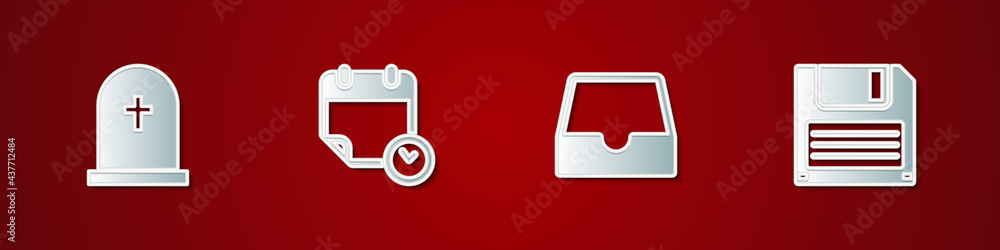 Poster set tombstone with cross, calendar and clock, social media inbox and floppy disk icon. vector
