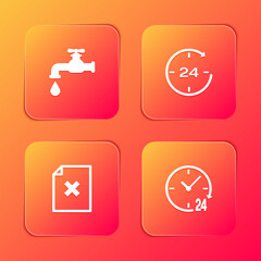 Set Water tap, Clock 24 hours, Delete file document and icon. Vector