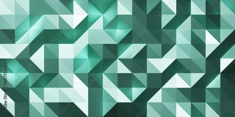 Poster Abstract geometric pattern background with large size triangles in green color. Low poly random tiles texture. Modern crystal design. 3D Rendering.