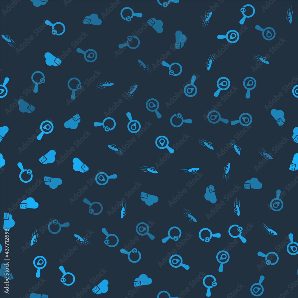 Poster set search location, ufo flying spaceship and alien, and cloud mail server on seamless pattern. vect