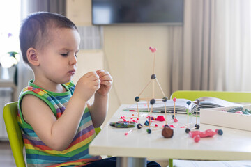 A little boy sculpts from plasticine at the table at home. Makes a tower of toothpicks and balls.