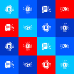 Set CPU mining farm, Processor chip with dollar, Smart contract and Cryptocurrency bitcoin circuit icon. Vector