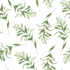 seamless botanical background with green branches and leaves, watercolor hand painted illustration on white background