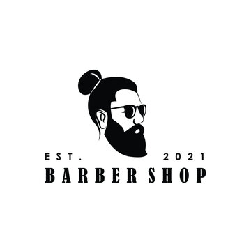 Hipster Man Bun Silhouette With Beard Wearing Sun Glasses Barbershop Logo Design Vector