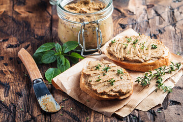 Fresh homemade chicken liver pate on bread over rustic background