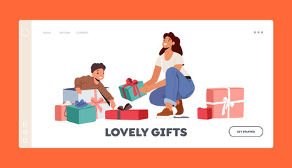 Lovely Gift Landing Page Template. Baby Birthday Celebration. Mother Prepared Surprise for Son. Boy Open Presents