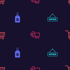 Set Hanging sign with Open door, Price tag dollar, Shopping cart and on seamless pattern. Vector