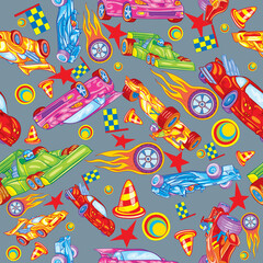 pattern of colored racing cars and accessories on a gray background, vector illustration,