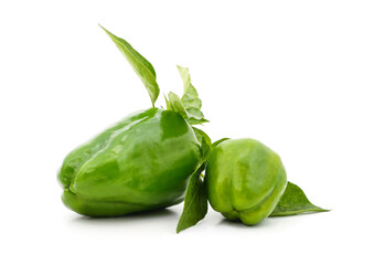 Two green peppers with leaves.