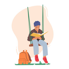 Kid Character Reading Interesting Book Sitting on Swing Hanging at Tree, Relaxing or Prepare for School Examinations