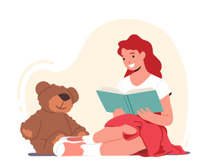 Girl Character Reading Books to Soft Bear Toy. Back to School, Lesson, Education and Knowledge Concept. Kid Studying