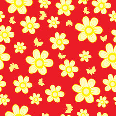 pattern of yellow flowers and butterflies on a red background, vector illustration,