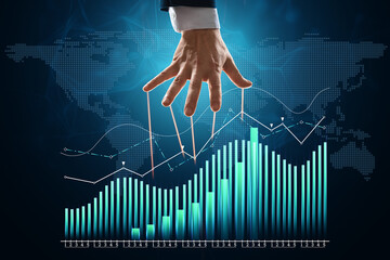 The puppeteer's male hand manipulates financial charts, business indicators. The concept of shadow...