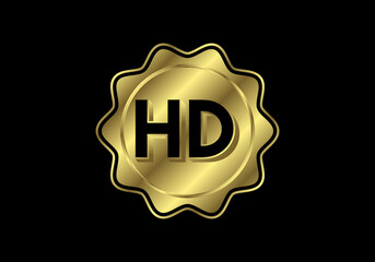 Golden HD Video Resolution Icon Logo, High Definition TV / Game Screen monitor display Label, HD Label web button.