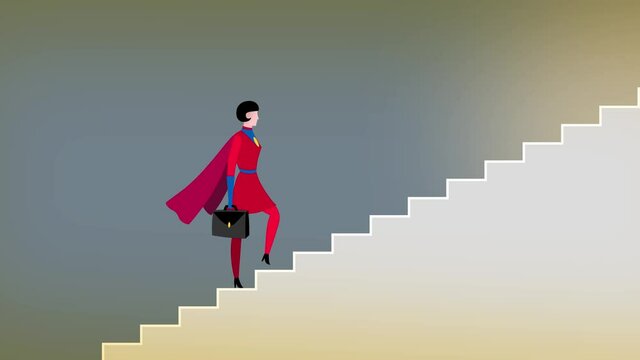 Cartoon businesswoman character going up the stairs turns into a super hero. Business metaphor of progress, success, career advancement, climbing up career ladder or stairs. Seamless loop.