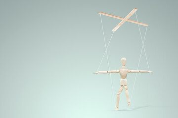Male hand, puppeteer controls the puppet puppet with strings. The concept of shadow government,...