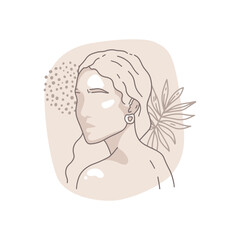 Portrait of a girl, model. Stylish jewelry and hairstyle. Long curly hair. Leaves and dots. Abstract shape beige background. Vector illustration in a minimalistic style, pastel colors. Fashion sketch.