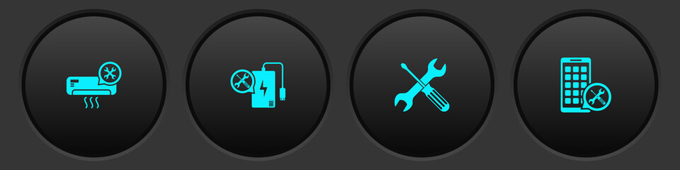 Set Air conditioner service, Power bank, Crossed screwdriver and wrench and Mobile Apps icon. Vector