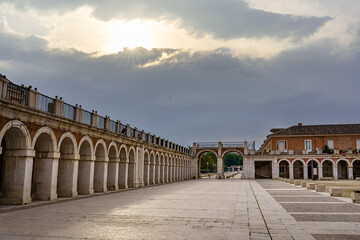 Sunrise through the clouds at the Royal Palace of Aranjuez in Madrid.