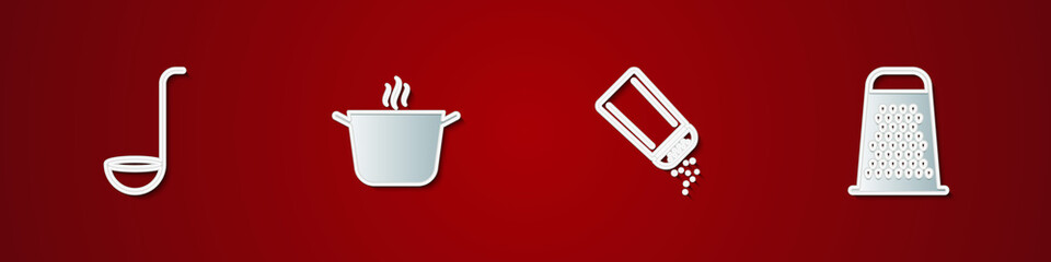 Set Kitchen ladle, Cooking pot, Salt and pepper and Grater icon. Vector
