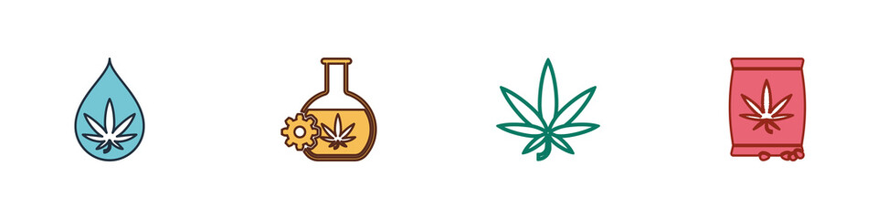 Set Marijuana or cannabis leaf oil, Test tube with marijuana, and seeds icon. Vector