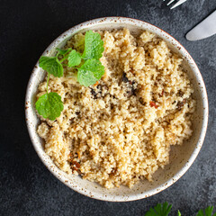 couscous second course  no meat vegetable spices appetizer fresh portion organic dish on the table healthy food meal snack copy space food background rustic. top view 