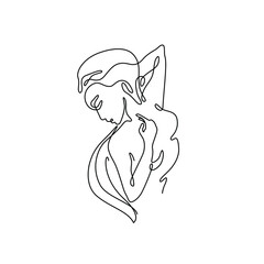 Woman abstract portrait, continuous line drawing, small tattoo, print for clothes and logo design, emblem or logo design, silhouette one single line on a white background, isolated vector illustration