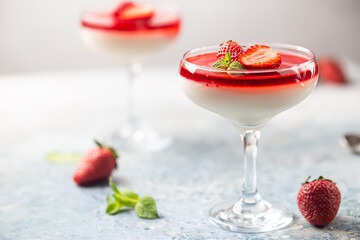 Italian panna cotta dessert with strawberry sirup and mint leaf