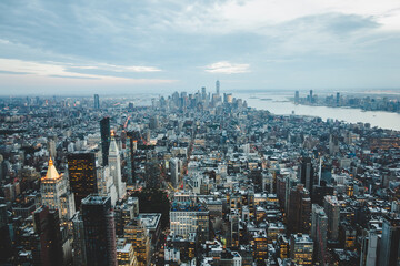 A beautiful wide view over downtown Manhattan from Empire State Building at sunset