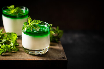 Dessert Panna Cotta with green mint sauce and fresh mint on dark background