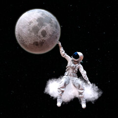Astronaut sitting on a cloud touches the Moon with his hand, 3D illustration © Giovanni Cancemi