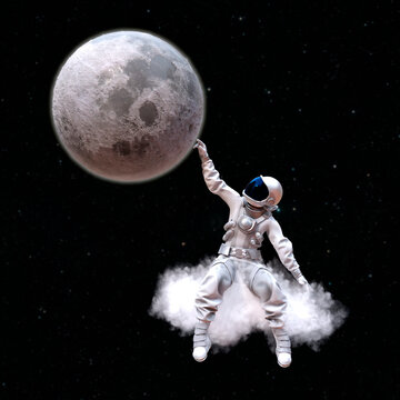 Astronaut sitting on a cloud touches the Moon with his hand, 3D illustration