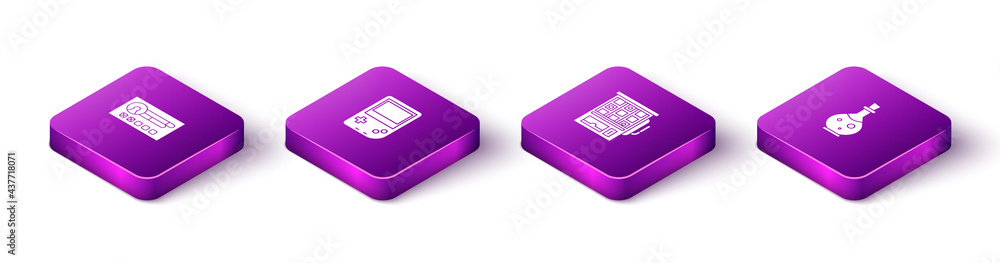 Poster set isometric create account screen, portable video game console, slot machine and bottle with magic
