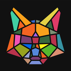 Silhouette of cat head from lines in colorful geometric polygonal style isolated on black background. Modern pop art graphic design element for label, print or poster. Vector art illustration.