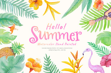 Fototapeta na wymiar happy summer holidays concept with decoration botanical,guitar,flamingo watercolor hand painted