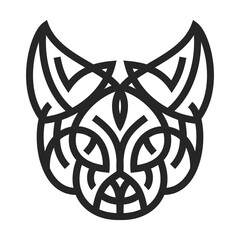 Silhouette of cat head from lines in monochrome geometric style isolated on white background. Modern graphic design element for label or poster. Vector art illustration.