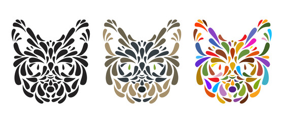 Collection silhouettes of cat head from particles or leaves in in ornamental decorative style isolated on white background. Modern graphic design element for label or poster. Vector art illustration.