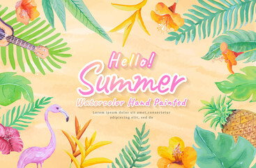 Fototapeta na wymiar happy summer holidays concept with decoration botanical,guitar,flamingo watercolor hand painted