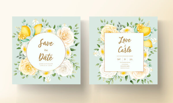 Summer watercolor floral with botanical lemon fruit wedding card set