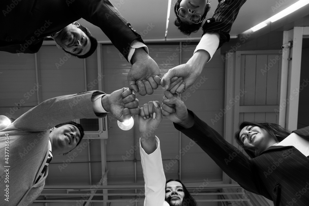 Wall mural close up picture of hands of multiethnic business team touching in circle for sign of unity and inte