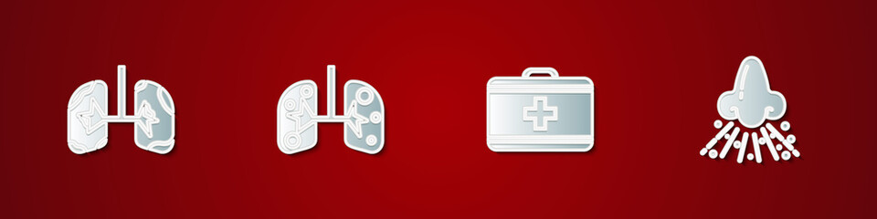 Set Lungs, , First aid kit and Runny nose icon. Vector