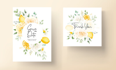 Summer watercolor floral with botanical lemon fruit wedding card set