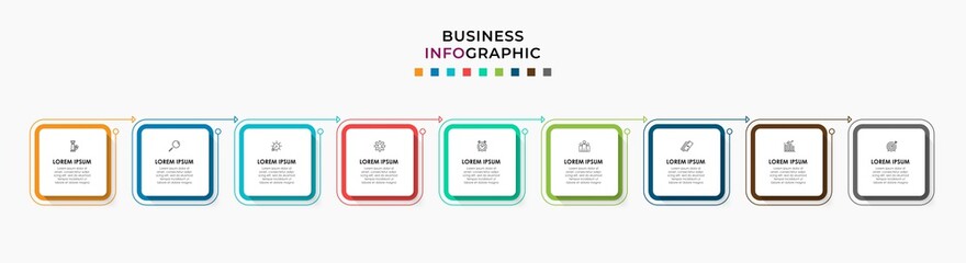 Vector Infographic label design business template with icons and 9 options or steps. Can be used for process diagram, presentations, workflow layout, banner, flow chart, info graph